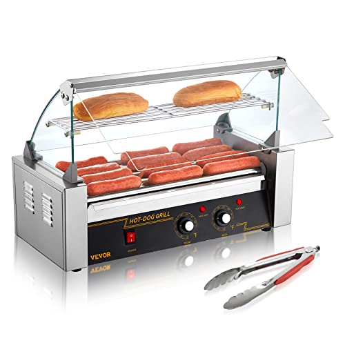 VEVOR Hot Dog Roller 5 Rollers 12 Hot Dogs Capacity, 750W Stainless Sausage Grill Cooker Machine with Dual Temp Control Glass Hood Acrylic Cover Bun Warmer Shelf Removable Oil Drip Tray ETL Certified