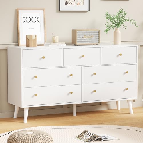 Image of HOUROM White Dresser for Bedroom, Dresser with 7 Drawers, Wood Dressers & Chests of Drawers, Modern Double Dresser with Wide Drawer and Metal Handles
