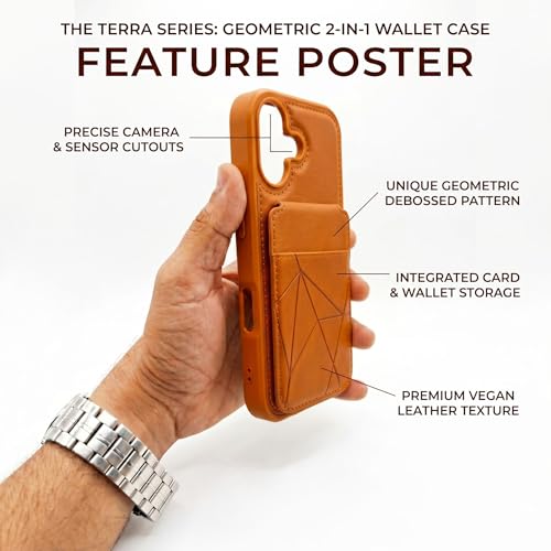 Image of amazon basics Premium Vegan Leather Back Cover with Card Holder and Integrated Mobile Stand for iPhone 17 - Slim Shockproof Wallet Case with Geometric Stitching [Tan]