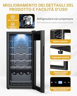 WIE Cantinetta Vino 18 Bottiglie (53L) – Cantinetta Refrigerata per Vino 5–18°C con Touch Screen, Frigo per Vino a Compressore Silenzioso 39dB, 5 Ripiani in Acciaio Inox, Sbrinamento Manuale