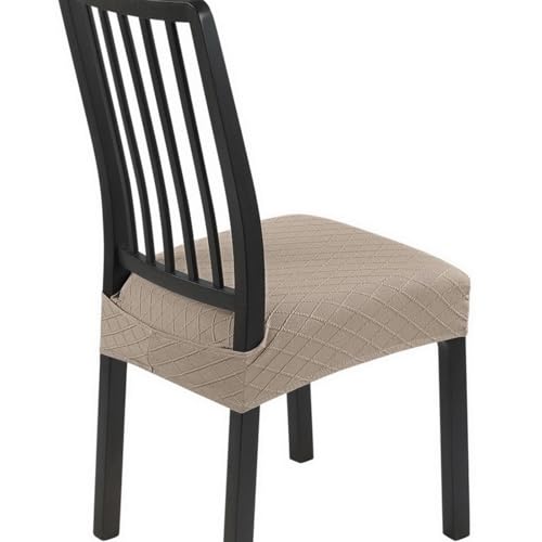Image of SearchI Stretch Dining Chair Seat Covers Set of 6, Soft Removable Washable Seat Covers for Dining Chairs, Dining Room Seat Cover Protector (Rear-Covered, Check Jacquard Khaki)