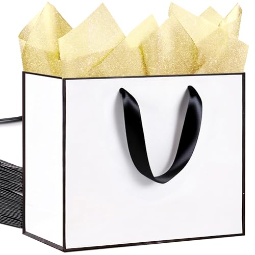 SHIPKEY Lote de 12 Bolsas Regalo Blancas Premium con Refuerzo - Bolsas Grandes de Lujo de Kraft con Asas de Algodón (32 x 11,5 x 28 cm) - Envase Elegante para Fiestas, Bodas y Comercio Minorista