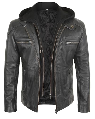 Image of Real Leather Jacket for Men Black | Hooded Black, 5XL Jacket