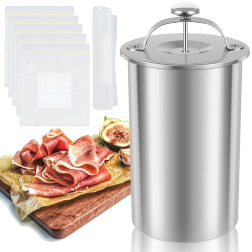 FALESOUL Ham Maker Stainless Steel Meat Press with Thermometer for Making Healthy Homemade Deli Meat Round Shape Deli Meat Press Mold for Meat Pork Seafood Beef