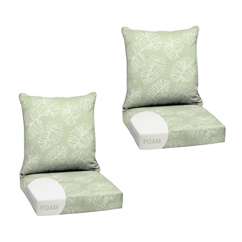 Image of Arden Outdoor Foam Deep Seat Cushion Set, 2-Pack, 24x24, Premium High-Density Foam, Never Flattens, Weather-Proof for Patio Chair Sofa Couch, Coastal Green Leaf