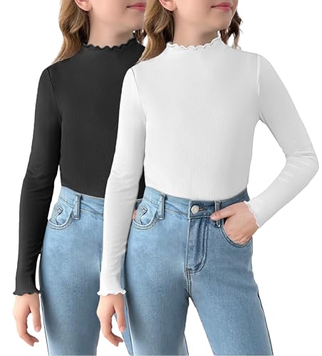 Arshiner Girls 2 Packs Lettuce Trim Mock Neck Long Sleeve Shirts Ribbed Knit Slim Tops Casual Trendy Base Layer Tee