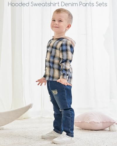 Image of Renotemy Toddler Baby Boy Clothes Denim Outfits Infant Hooded Sweatshirt Jeans Pants Little Boys Clothing
