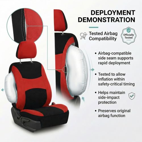 Image of FH Group Car Seat Covers Full Set Cloth - Universal Fit, Automotive, Low Back Front, Airbag Compatible, Split Bench Rear Washable Car Seat Cover for SUV, Sedan, Van Red