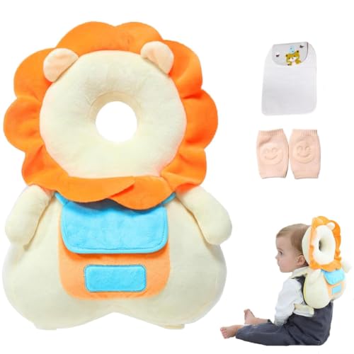 Image of Baby Head Protector Backpack, Toddler Baby Head Protection Backpack with Baby Knee Pads Alarm Function for Walking & Crawling, Soft, Breathable and Wearing Safety Baby Head Protector - White Lion