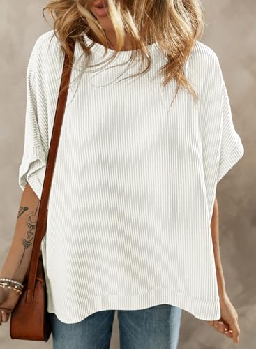 Dokotoo Women's Casual Oversized Short Sleeve Solid Color Loose Texture Knit Tunic Tops Blouses3