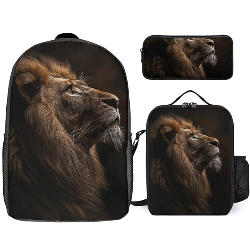 3 Piece Backpack for Women Men Lightweight Causal Daypack Shoulder Bag Set with Insulated Lunch Bag And Pencil Case Organizers The Lion Raises Its Head