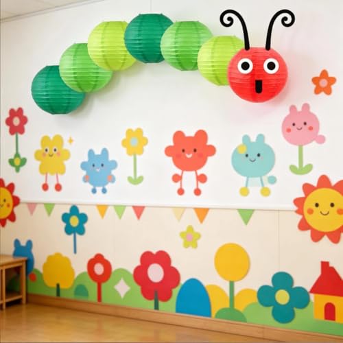 Image of Hungry Caterpillar Paper Lanterns - Green Cartoon Style | Hanging Decor for Back to School, Birthday, Classroom Decorations and Theme Parties (14-Pack, 8 /10 Inch)