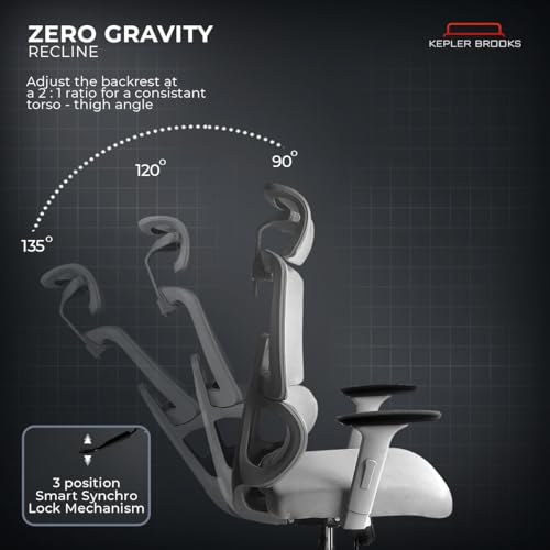 Image of Kepler Brooks Imperia Elite Office Chair for Work | 3-Year Warranty | Ergonomic Office Chair, Study Chair for Home, 2D Headrest, 3D Armrest, Multi Lock Seat Slider Mechanism, Aluminium Base (Grey)