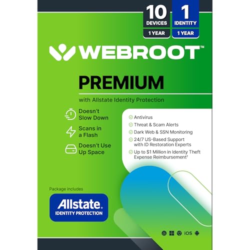 Webroot Premium 2026 with Allstate Identity Protection | 10 Device, 1 Year | Antivirus and Internet Security Software, Advanced Dark Web Monitoring, Password Manager | Packaged Version