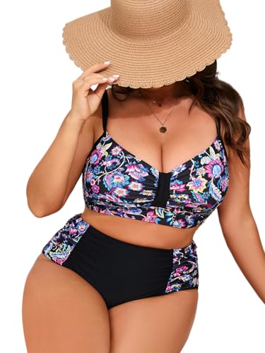 B2prity Womens Bikini Sets Plus Size Tummy Control Swimsuit High Waisted Two Piece Bathing Suit Ruched Swimwear, Blue and Pink Floral, X-Large