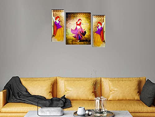 Image of Indianara Set of 3 Dancing Village Women Folk MDF Art Painting (2563FL) without glass 4.5 X 12, 9 X 12, 4.5 X 12 INCH
