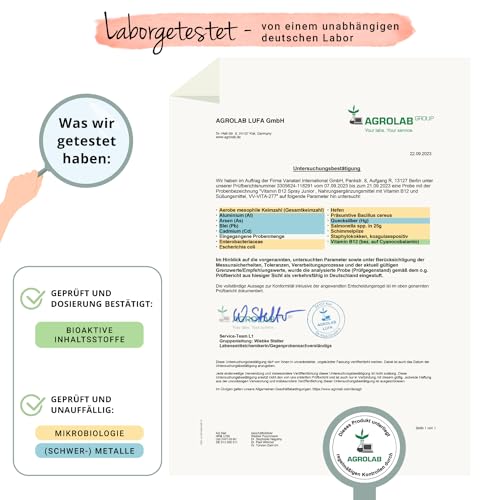 Vitamin B12 Spray für Kinder Vegavero | Vegan & Zuckerfrei | 5 µg B 12 in zwei Formen | Methylcobalamin | Leckerer Kirschgeschmack | Immunsystem & Energie*