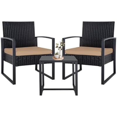 Seogwisam 3 Pieces Patio Furniture Set, Outdoor Wicker Conversation Bistro Set w/ 2 Chairs, 2 Cushions, Glass Coffee Table for Garden Balcony Backyard Porch Lawn - Black Wicker & Brown Cushions