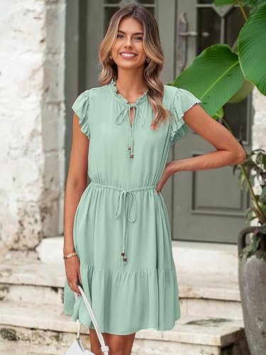 Image of Simplee Womens Summer Dress 2026 Ruffle Short Sleeve Floral Boho Dress V Neck A-line Drawstring Mini Dress with Pockets