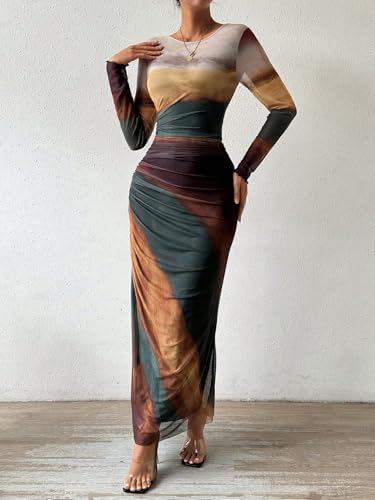 Image of LIGHT DOT Women's Printed Bodycon Maxi Dress Long Sleeve Tie Dye Mesh Ruched Cocktail Dress