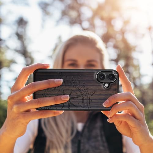 Image of Carveit Wood Case for iPhone 16 Plus, The Incomplete Compass, Black | Magnetic iPhone 16 Plus Case Compatible with MagSafe Wireless Chargers, Engraved Wood with Soft TPU Shockproof Bumper