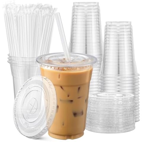 AOZITA [100 Sets] 20 oz Clear Plastic Cups With Lids and Straws, Disposable Cups With Lids for Iced Coffee, Smoothie, Milkshake and Cold Drinks Cover