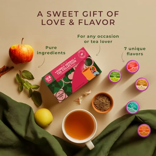 Image of Purely Herbal Tea Pod Gift Set (16 Count) - 7 Flavors Assorted Variety Pack | Chamomile Lavender, Peppermint, Chai, Citrus Ginger, Turmeric Ginger, Cinnamon Apple, Hibiscus, Tea Sampler, Non-GMO