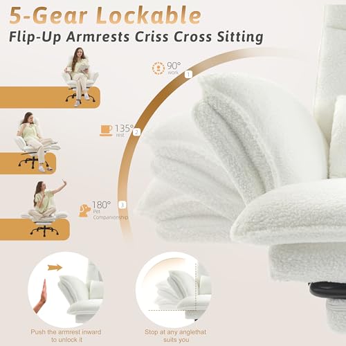 Image of Wider Seat Office Chair with Flip Armrests for Criss Cross Legged&Cats, Big and Tall Executive Ergonomic Reclining Chair with Footrest&Lumbar Pillow, Teddy Fleece Desk Chair, White Vanity Chair