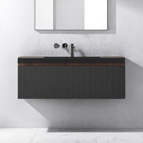 Image of Wall Mounted Bathroom Sink Vanity, Modern 42 inch Floating Vanity with Resin Top Basin Sink and U-Shaped Soft-Close Storage Drawer, Striped Bathroom Storage Cabinet with Invisible Handle, Black