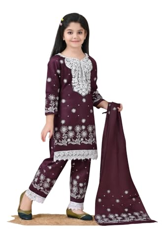 Image of Girls Traditional Rayon Salwar Suit Set with White Embroidery, 3-Piece Ethnic Wear with Lace Detail and Floral Pattern