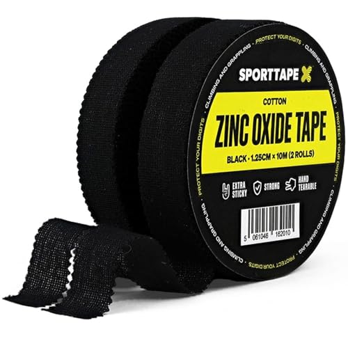SPORTTAPE 2 Rolls (20m) Zinc Oxide Finger Tape - 1.25cm Wide - Black | Sports Tape for Climbing BJJ Rugby Weightlifting & Injury Strapping | Strong Adhesive Athletic Joint Support Blisters & Toe
