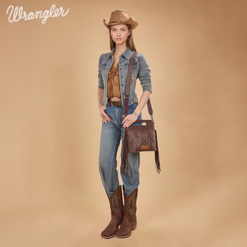 Image of Wrangler Western Handbag for Women Crossbody Bag Top Handle Shoulder Bag Embossed Cowgirl Fringe Purse