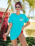 OCURHU Vacay Mode T Shirts for Women Summer Beach Shirt Funny Beach Party Hawaiian Tee Tops Cyan XL
