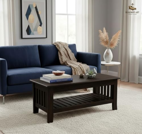 Image of Solid Sheesham Wood Coffee Table for Living Room | Wooden Rectangle Coffee /Tea Table with Storage |Center Table with Storage Teapoye for Home, Living Room, Balcony (Walnut Finish)