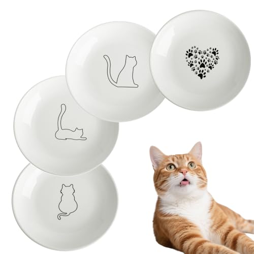 Gamelles Plates en Céramique, 4 Pièces Gamelles Plates Bols en Céramique pour Chat, Lot de Assiettes Plat Gamelle Plate, Bol Fond Plat, pour Les Fêtes...