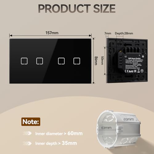 BSEED Smart Touch Lichtschalter,Glas Schalter Unterputz,Wandlichtschalter mit LED Hintergrundbeleuchtung,Neu E-Serie,16A 250V,2 Fach 1 Weg,157mm Schwarz