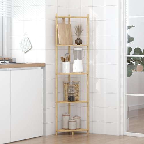 Wisuce Corner Shelf Stand - 5 Tier Natural Bamboo Small Corner Bookshelf for Office Kitchen Bedroom Plant Stand Living Room Decor Small Space - Image 4
