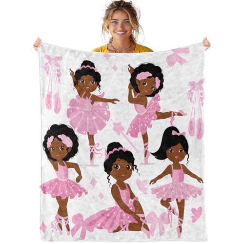 Image of FJKJHKGJ African Black Girl Blankets, Pink Ballerina Blanket, Cute African Ballerina Girls Throw Blanket for Girls Couch Chair Bed, Throw Size 50" x 60" (130 x 150 cm)