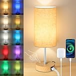 Befurglor Bedside Lamps, Dimmable 3 CCT & RGB 7 Colors Table Lamp with USB A+C Charging Ports, Bedside Touch Lamp with Wood-Grain Base for Bedroom Living Room (Linen Fabric Shade)
