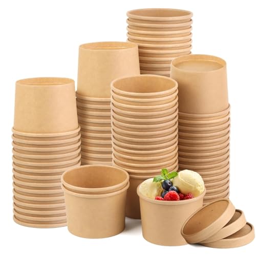 Image of 50 Pack 12 Oz Disposable Soup Bowls with Lids, Paper Soup Containers | Microwave Safe Soup Cups, Paper Ice Cream Cups for Ice Cream Dessert, Yogurt, To Go Soup Containers for Hot Soup