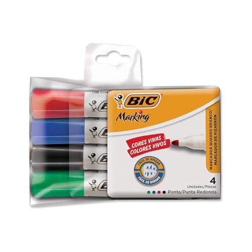 Pincel Marcador de Quadro Branco BIC Marking, Recarregável, 4 Cores Clássicas, Ponta Redonda, 891683