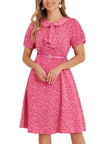 Image of Allegra K Women's Peter Pan Collar Tie Neck Short Sleeves A-Line Elegant Belted Vintage Floral Dress