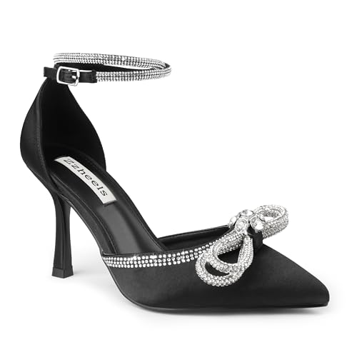 Zzheels Women's Wedding Heels Sparkly Rhinestone Stiletto Pumps Bow Heels Pointed Toe Ankle Strap High Heels Bridal Party Dress Shoes