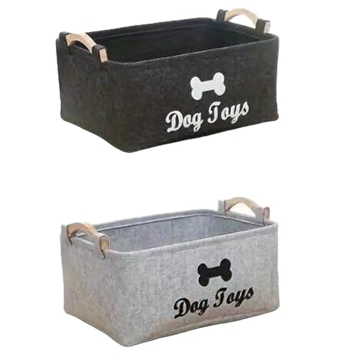 2Pcs Dog Toy Box, Dog Toy Storage Basket with Handles,Stylish Dog Toy Basket,Felt Storage Bin for Toys, Treats, and Laundry ,Durable, Lightweight, Foldable with Wooden Handles,15in x 10in x 7in