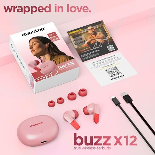 Image of Dubstep Buzz X12 TWS Wireless Earbuds, 60H Playtime, Bluetooth 6.0, ENC Noise Cancellation, 13mm Drivers, Game & Music Mode, Touch Control, Type-C Fast Charging (Pink)