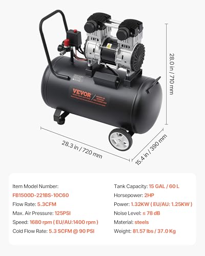 VEVOR 15 Gallon Oil-Free Air Compressor