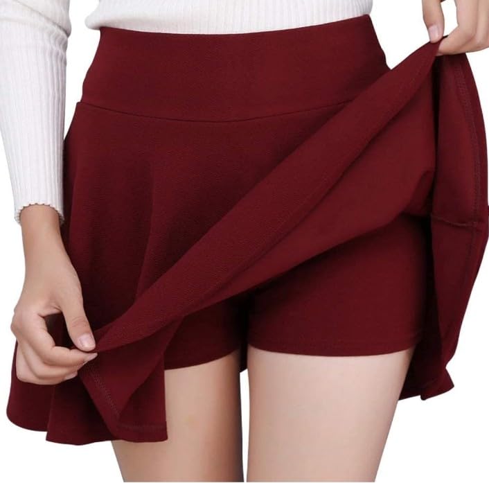 Image of Women's High Waist Skirt with Attached Inner Shorts - Flarred A-Line Mini Skater Skirt for Casual Wear