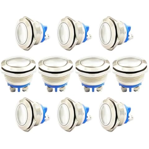 DaFuRui 10Pack Momentary Push Button Switch,19mm Waterproof Stainless Steel Metal Switch Flat Top 2A/36V Self-Reset(Flat Head) Cover