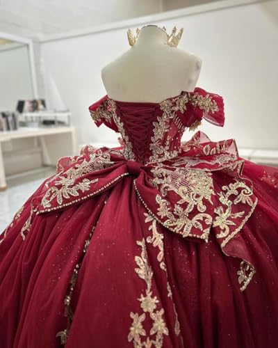 Mauuwy Sparkly Gold Applique Quinceanera Dresses Layered Tulle Sweet 15 16 Dresses Beaded V Neck Bow Dress with Tassel3