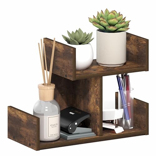 Image of Furinno HERMITE Desk Organizers and Accessories, 2-Tier U-Shape Office Organization Shelf, Desk Top Book Shelf, for Office Supplies, Office Desktop Accessories, Amber Pine